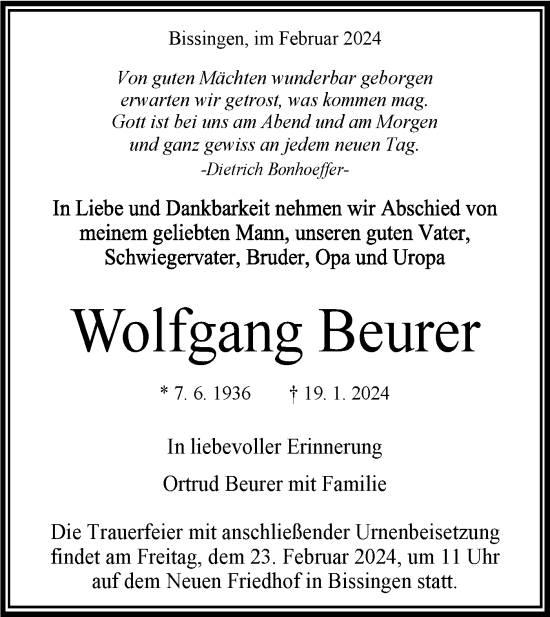 Traueranzeige von Wolfgang Beurer von Bietigheimer Zeitung