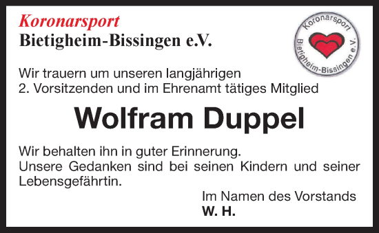 Traueranzeige von Wolfram Duppel von Bietigheimer Zeitung