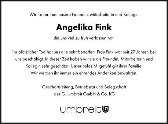 Traueranzeige von Angelika Fink von Bietigheimer Zeitung