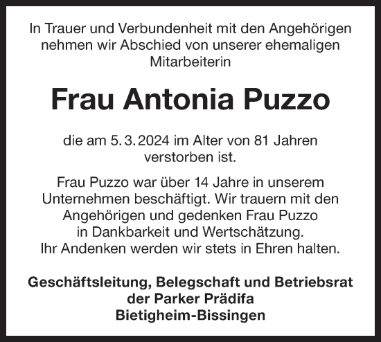 Traueranzeige von Antonia Puzzo von Bietigheimer Zeitung