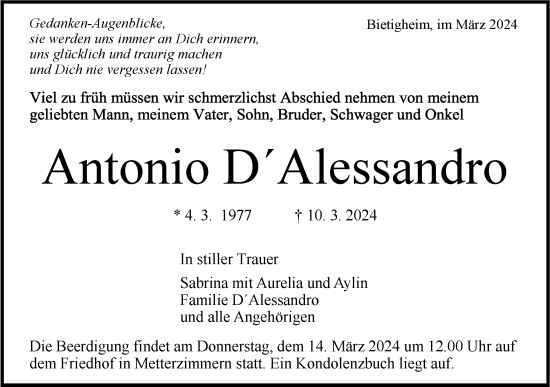 Traueranzeige von Antonio DAlessandro von Bietigheimer Zeitung