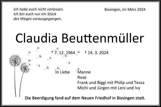 Traueranzeige von Claudia Beuttenmüller von Bietigheimer Zeitung