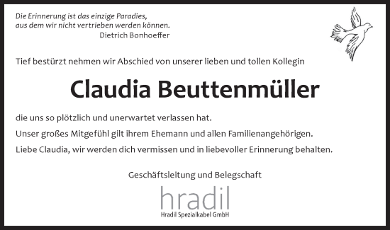 Traueranzeige von Claudia Beuttenmüller von Bietigheimer Zeitung