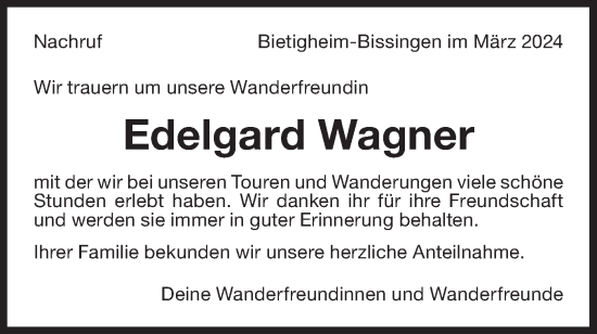 Traueranzeige von Edelgard Wagner von Bietigheimer Zeitung