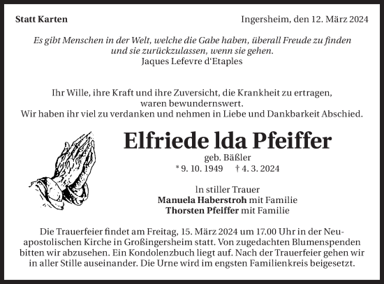 Traueranzeige von Elfriede Ida Pfeiffer  von Bietigheimer Zeitung