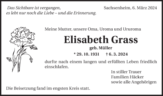 Traueranzeige von Elisabeth Grass von Bietigheimer Zeitung