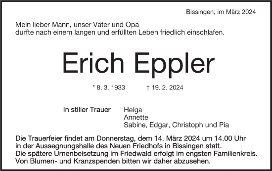 Traueranzeige von Erich Eppler von Bietigheimer Zeitung