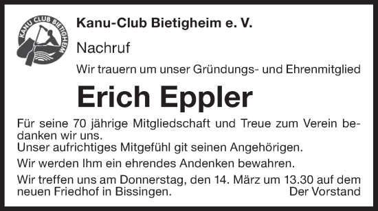 Traueranzeige von Erich Eppler von Bietigheimer Zeitung