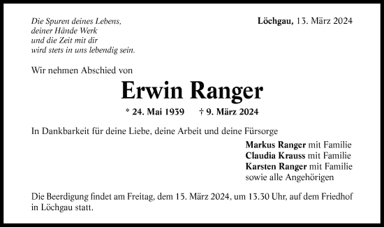 Traueranzeige von Erwin Ranger von Bietigheimer Zeitung