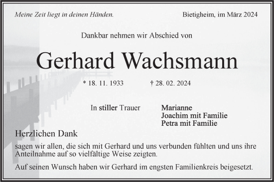 Traueranzeige von Gerhard Wachsmann von Bietigheimer Zeitung