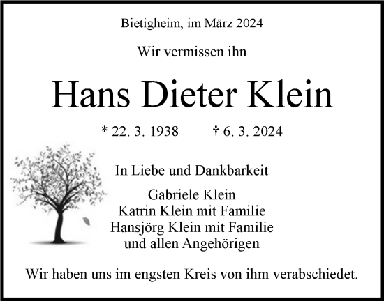 Traueranzeige von Hans Dieter Klein von Bietigheimer Zeitung