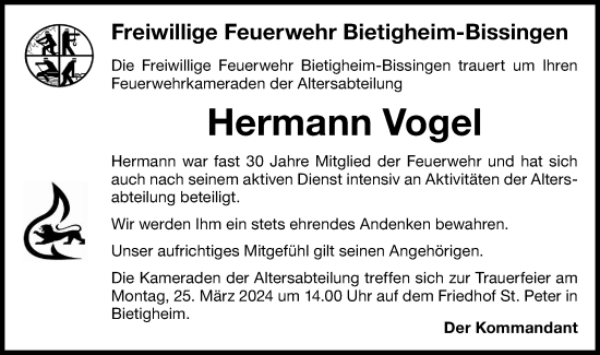 Traueranzeige von Hermann Vogel von Bietigheimer Zeitung