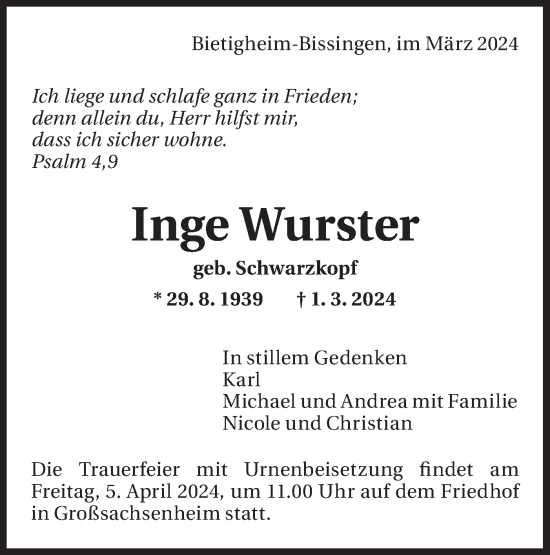 Traueranzeige von Inge Wurster von Bietigheimer Zeitung