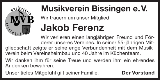 Traueranzeige von Jakob Ferenz von Bietigheimer Zeitung