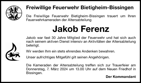 Traueranzeige von Jakob Ferenz von Bietigheimer Zeitung