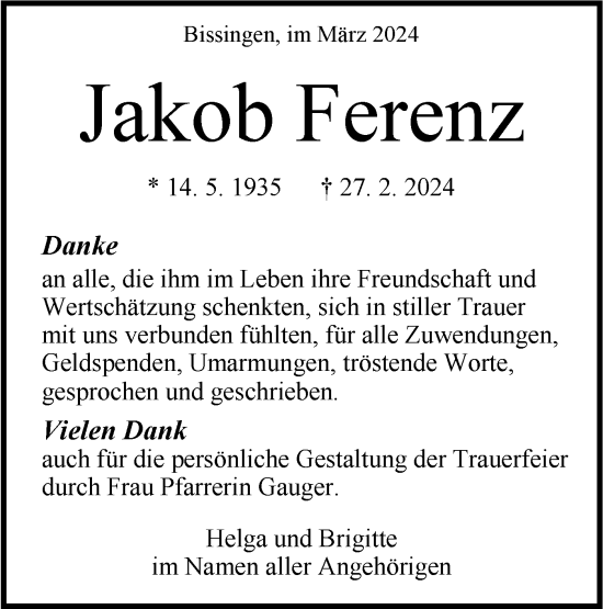 Traueranzeige von Jakob Ferenz von Bietigheimer Zeitung