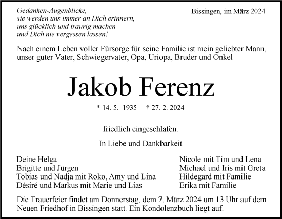 Traueranzeige von Jakob Ferenz von Bietigheimer Zeitung