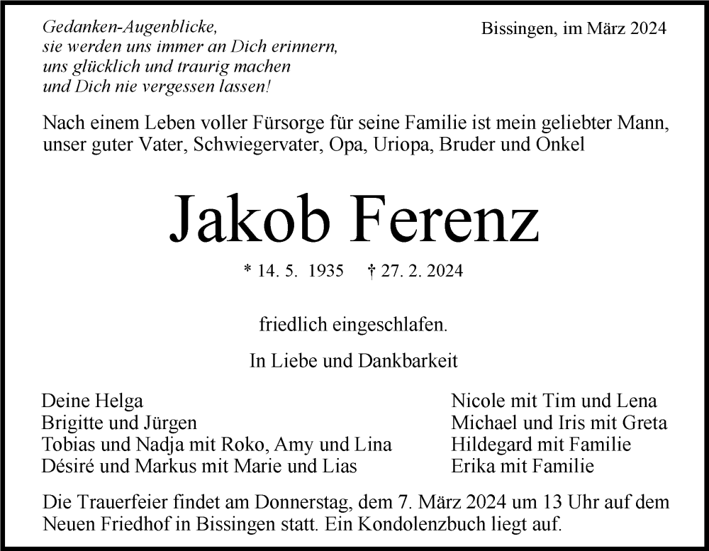  Traueranzeige für Jakob Ferenz vom 04.03.2024 aus Bietigheimer Zeitung