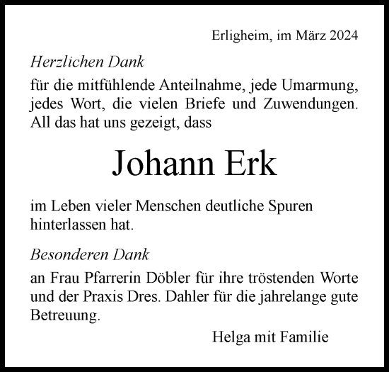 Traueranzeige von Johann Erk von Bietigheimer Zeitung