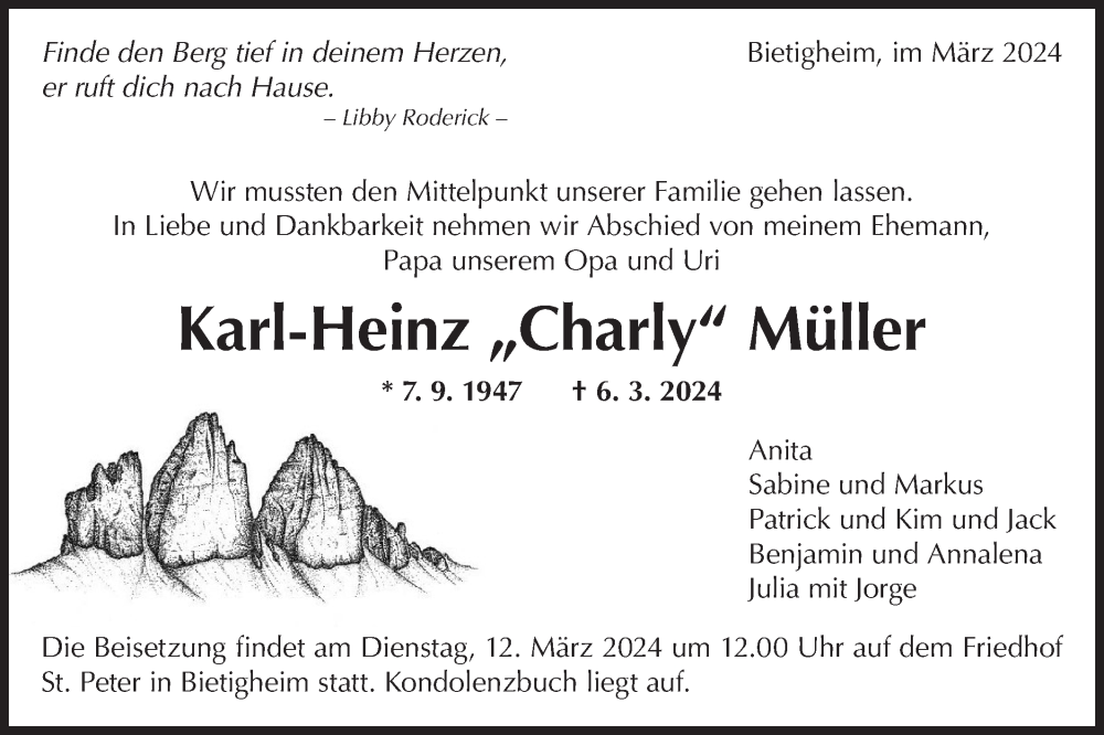  Traueranzeige für Karl-Heinz Müller vom 09.03.2024 aus Bietigheimer Zeitung
