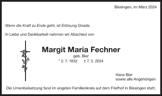 Traueranzeige von Margit Maria Fechner von Bietigheimer Zeitung