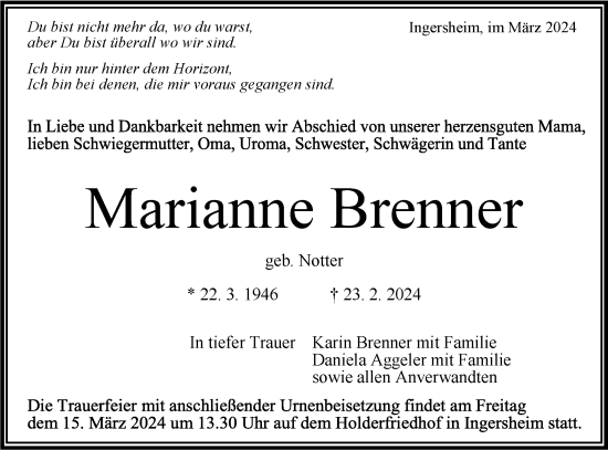 Traueranzeige von Marianne Brenner von Bietigheimer Zeitung