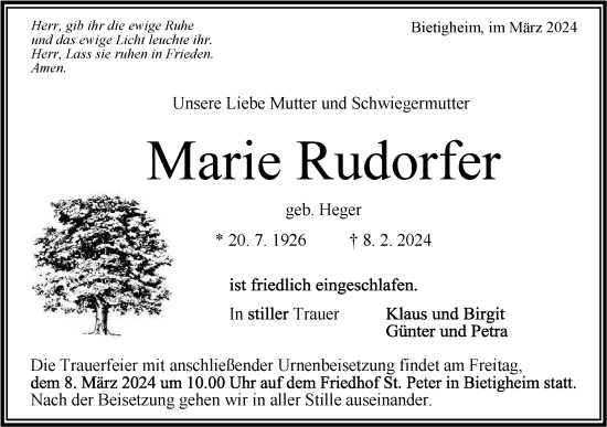 Traueranzeige von Marie Rudorfer von Bietigheimer Zeitung