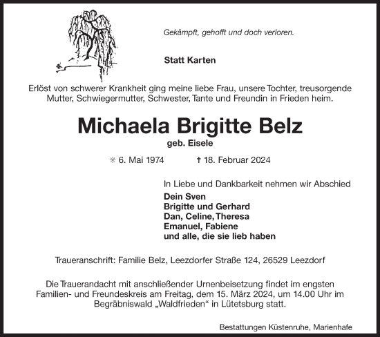 Traueranzeige von Michaela Brigitte Belz von Bietigheimer Zeitung