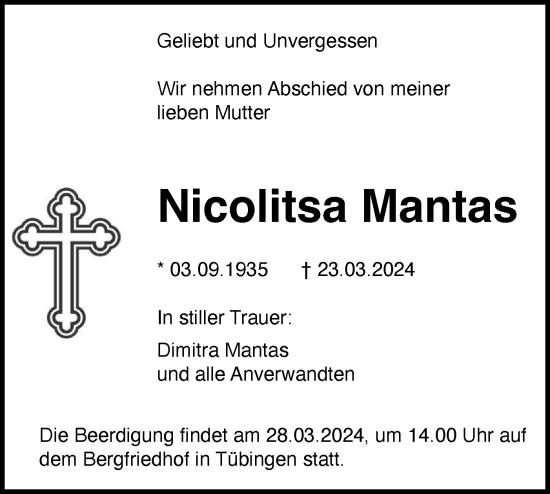 Traueranzeige von Nicolitsa Mantas von Bietigheimer Zeitung