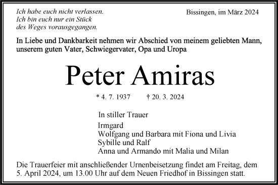 Traueranzeige von Peter Amiras von Bietigheimer Zeitung