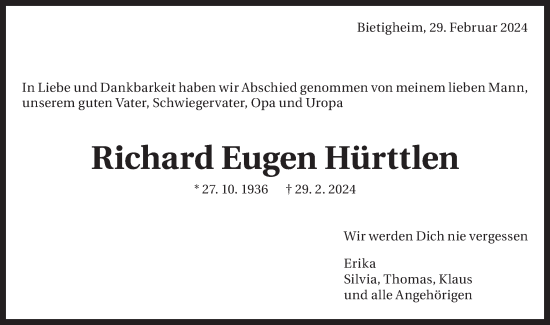 Traueranzeige von Richard Eugen Hürttlen von Bietigheimer Zeitung