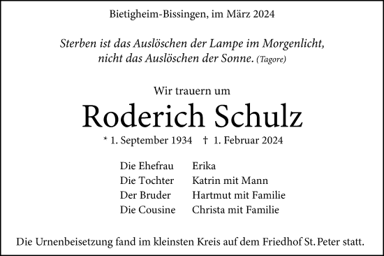 Traueranzeige von Roderich Schulz von Bietigheimer Zeitung