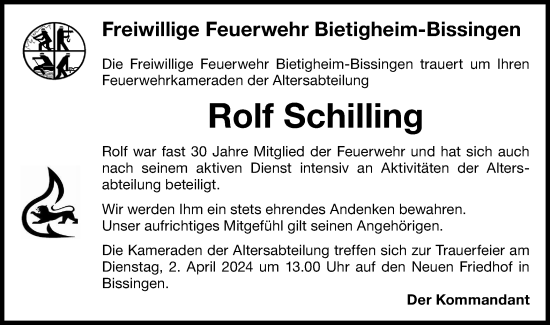 Traueranzeige von Rolf Schilling von Bietigheimer Zeitung