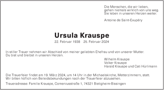 Traueranzeige von Ursula Krauspe von Bietigheimer Zeitung