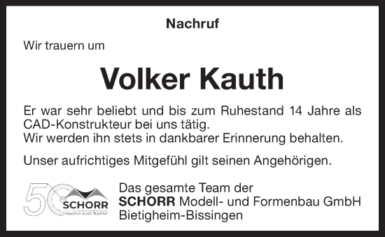 Traueranzeige von Volker Kauth von Bietigheimer Zeitung