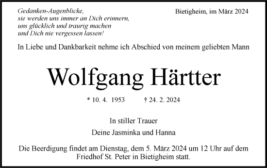 Traueranzeige von Wolfgang Härtter von Bietigheimer Zeitung