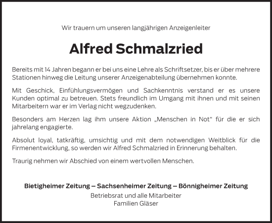 Traueranzeige von Alfred Schmalzried von Bietigheimer Zeitung