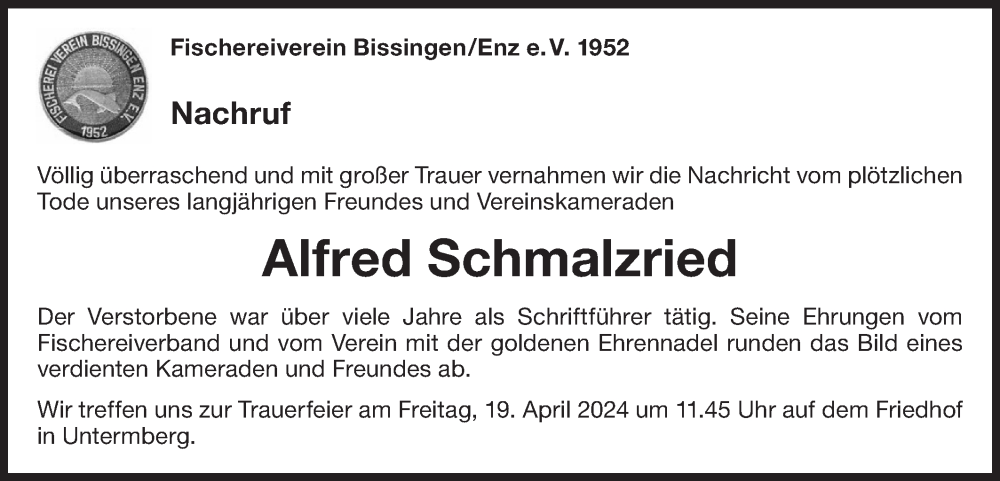  Traueranzeige für Alfred Schmalzried vom 18.04.2024 aus Bietigheimer Zeitung