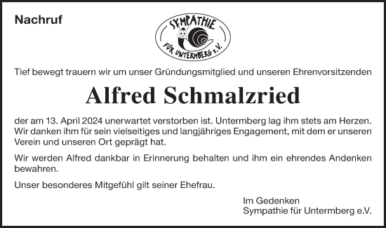 Traueranzeige von Alfred Schmalzried von Bietigheimer Zeitung