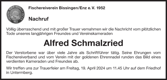 Traueranzeige von Alfred Schmalzried von Bietigheimer Zeitung