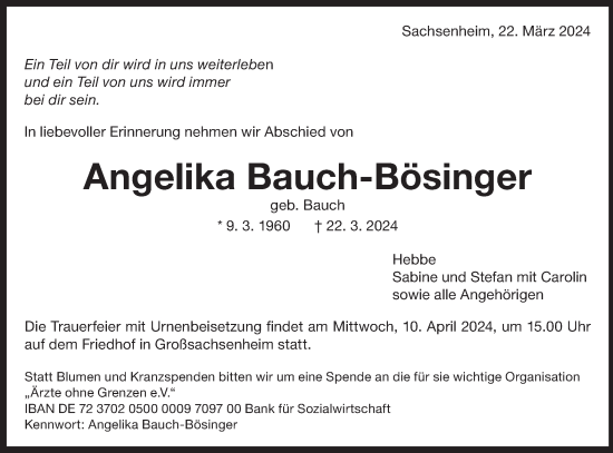 Traueranzeige von Angelika Bauch-Bösinger von Bietigheimer Zeitung