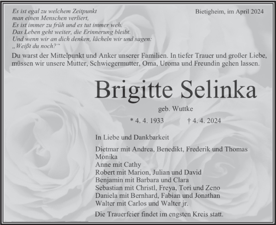 Traueranzeige von Brigitte Selinka von Bietigheimer Zeitung