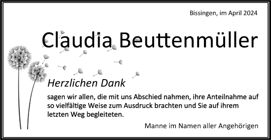 Traueranzeige von Claudia Beuttenmüller von Bietigheimer Zeitung