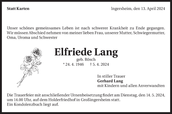Traueranzeige von Elfriede Lang von Bietigheimer Zeitung