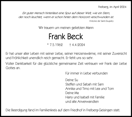 Traueranzeige von Frank Beck von Bietigheimer Zeitung