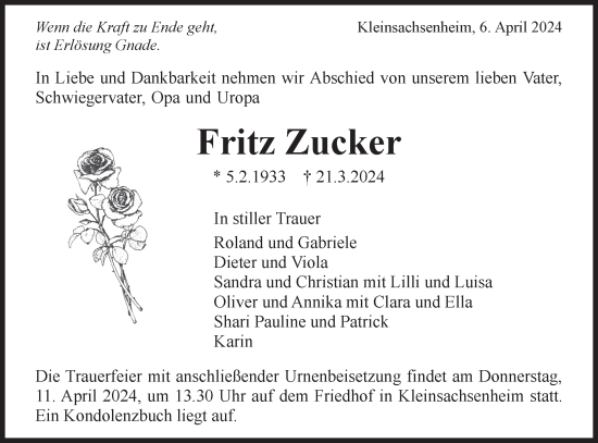 Traueranzeige von Fritz Zucker von Bietigheimer Zeitung
