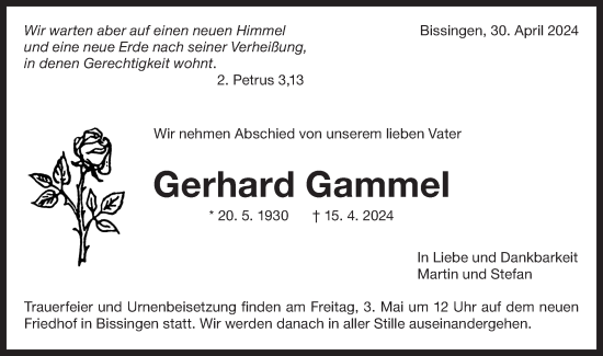 Traueranzeige von Gerhard Gammel von Bietigheimer Zeitung