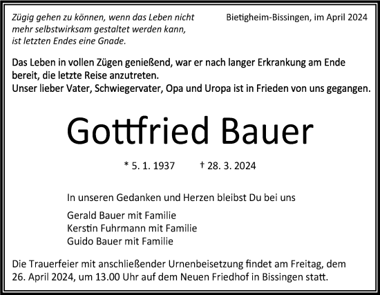 Traueranzeige von Gottfried Bauer von Bietigheimer Zeitung