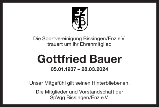 Traueranzeige von Gottfried Bauer von Bietigheimer Zeitung