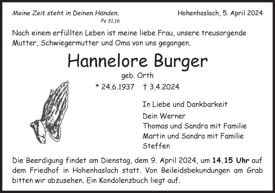 Traueranzeige von Hannelore Burger von Bietigheimer Zeitung
